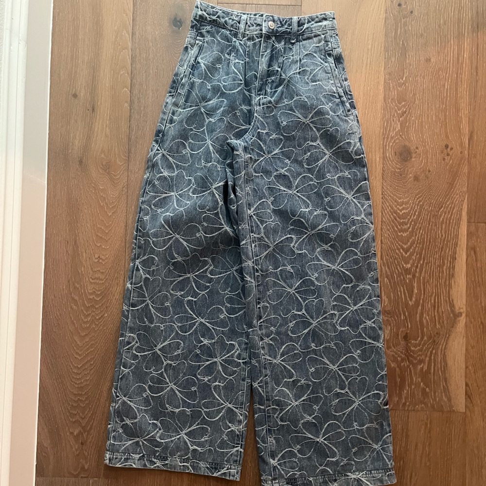 Ramy Brook Embroidered Pleated Wide-Leg Jeans